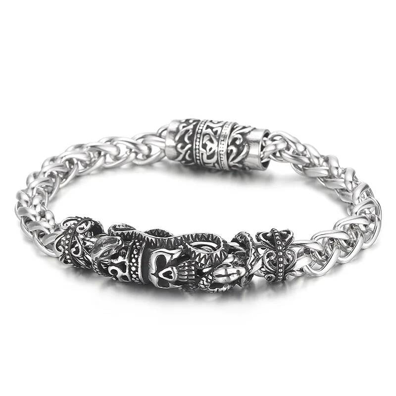 8mm Snake Skull Chain Bracelet Men Stainless Steel Magnet Clasp Jewelry Steel Color 22cm