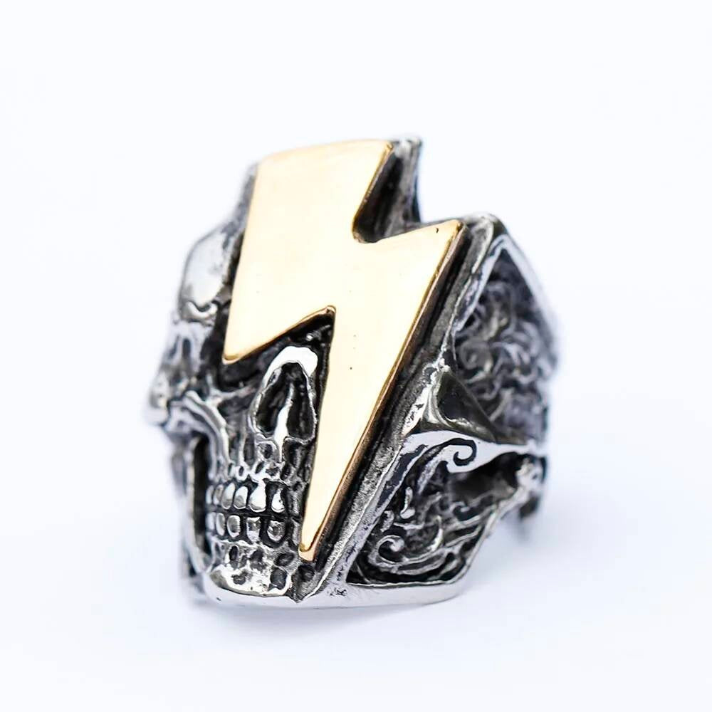 Lightning Skull Ring – 316L Stainless Steel Gothic Punk Statement Band