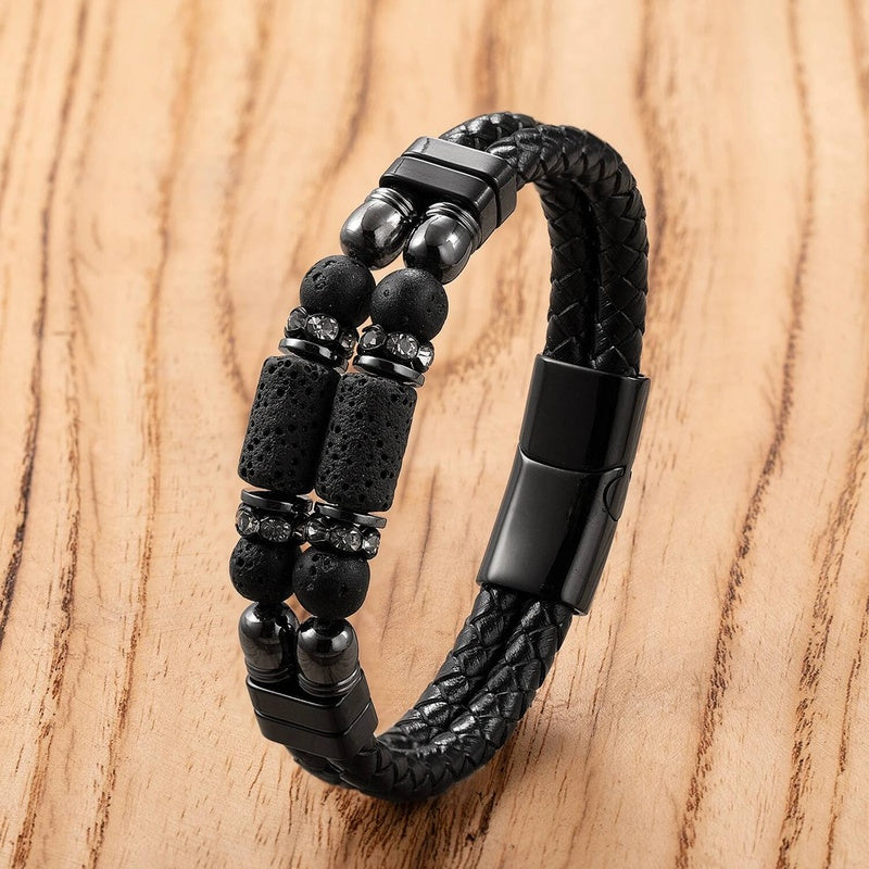 Black Braided Leather Bracelet with Green Jade Beads - Stylish Multi-Layer Magnetic Clasp Jewelry for Casual Wear and Gifts Volcanic rock