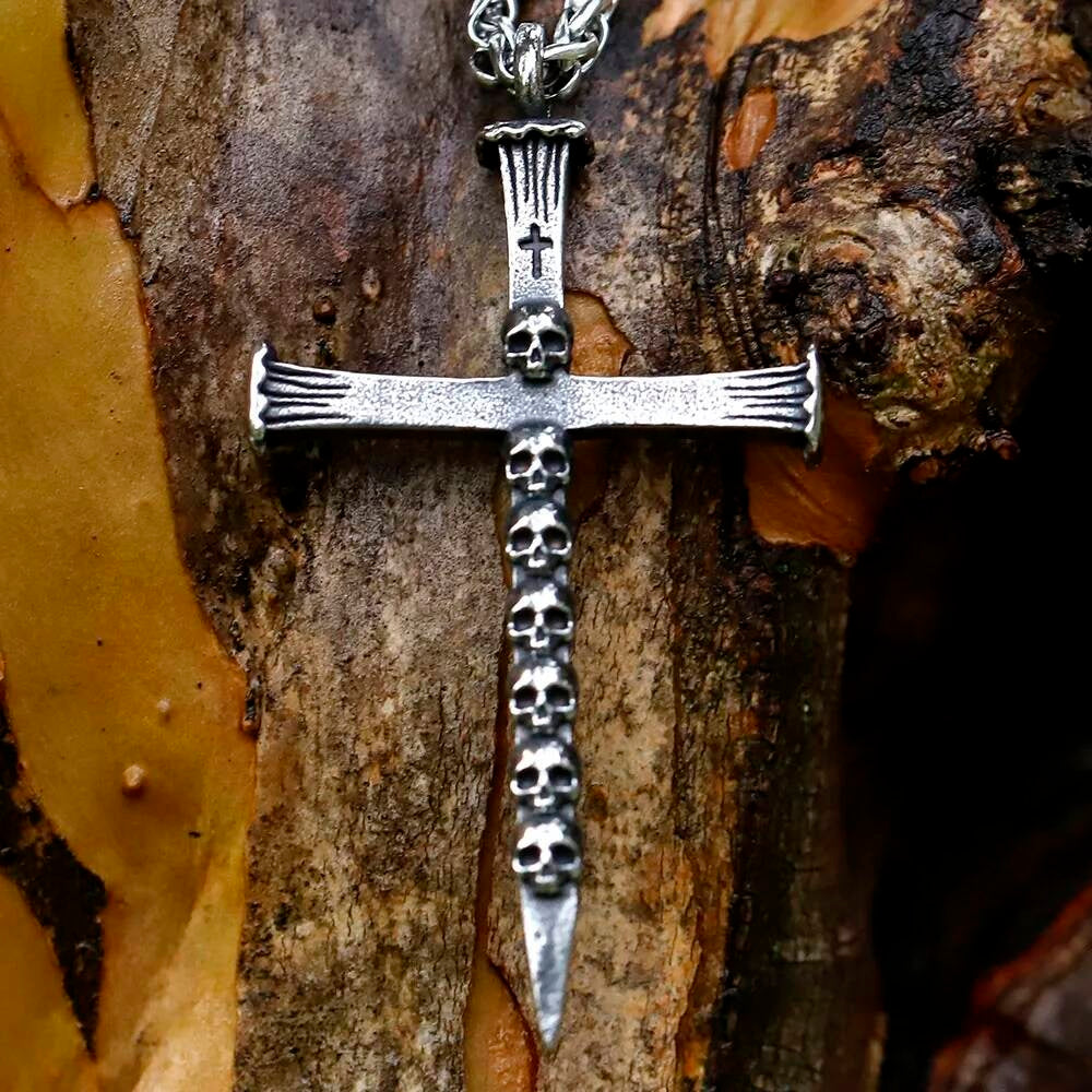 Skull Cross Pendant Necklace, Gothic Silver Jewelry with Dark Symbolism