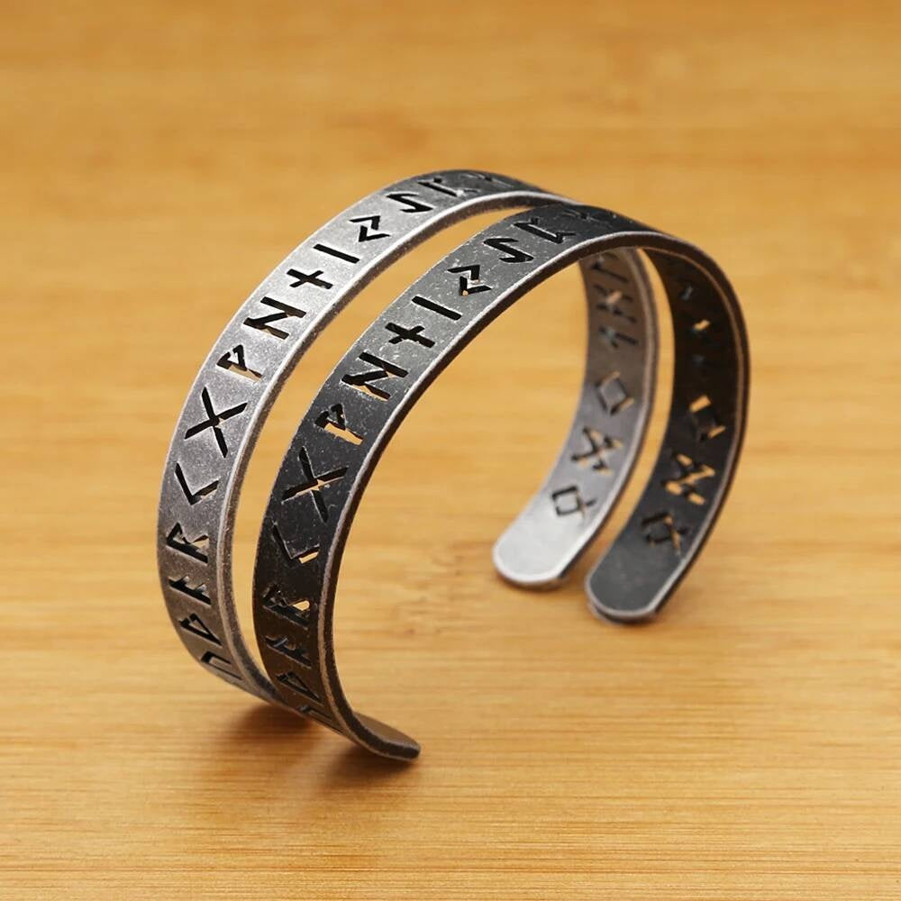 Viking Rune Stainless Steel Cuff Bracelet – Norse Mythology Jewelry for Men