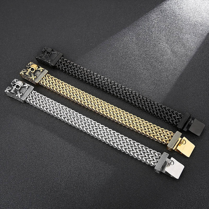 17mm Heavy Mesh Chain Bracelet Men With Devil Ghost Skull Charm Vintage Jewelry Surprise Gift For Husband