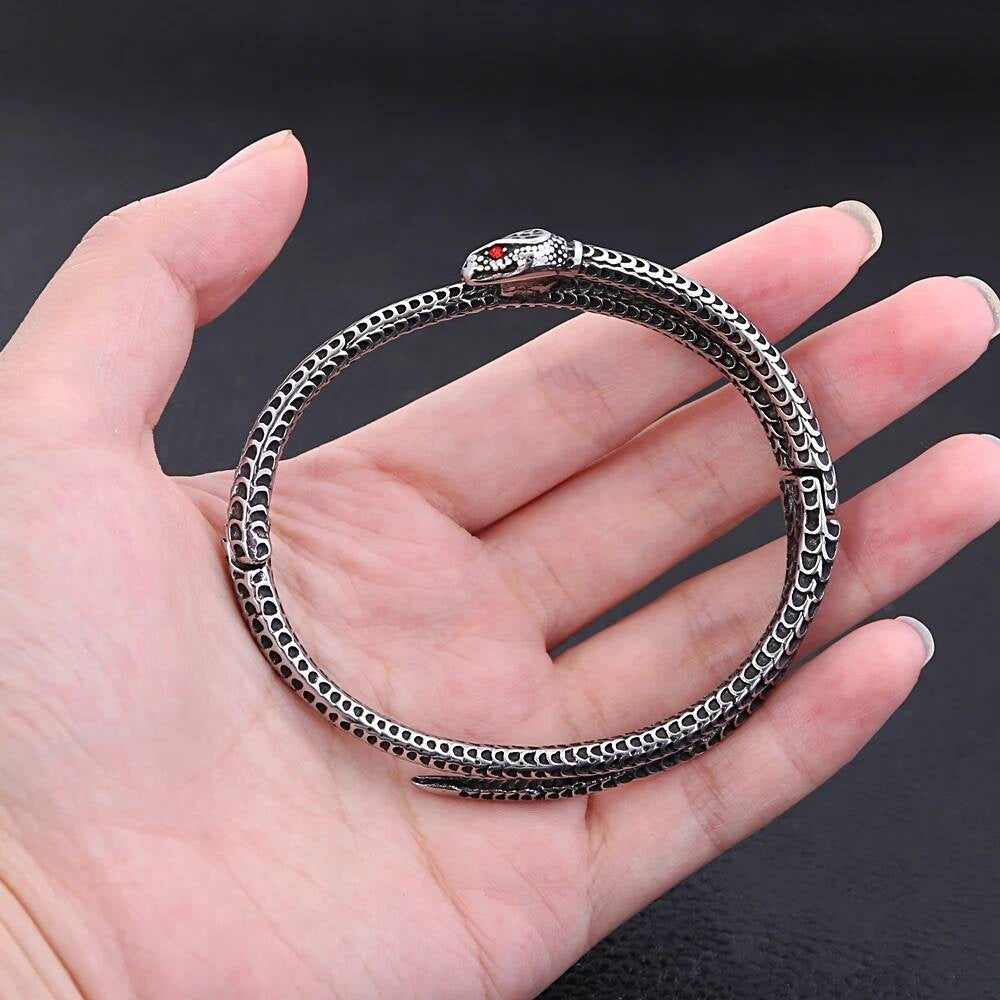 Snake Wrap Bracelet – Stainless Steel Serpent Bangle with Red Eyes