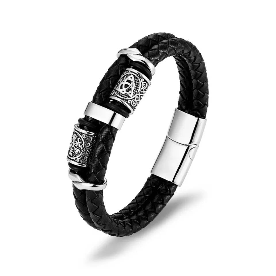 Viking Leather Bracelet – Norse Valknut Symbol Braided Leather & Stainless Steel Wristband