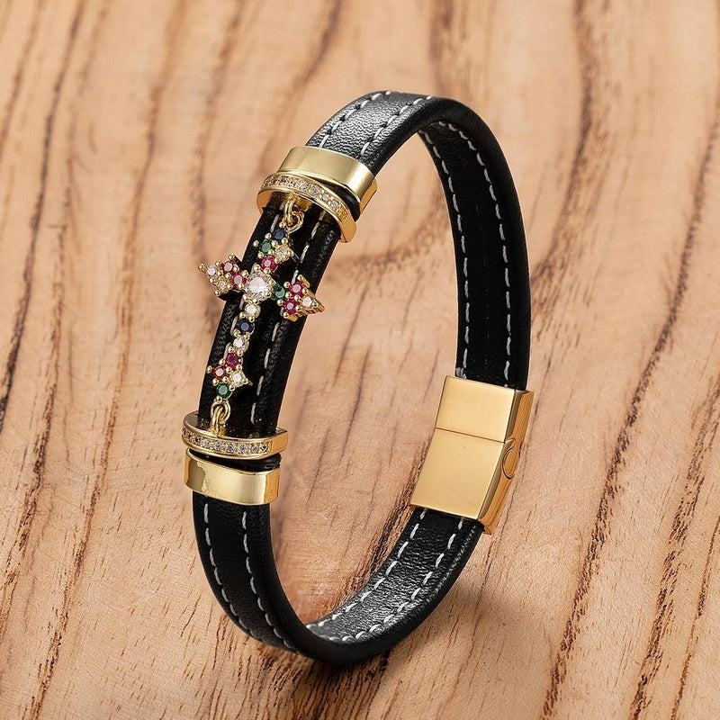 Black Leather Cross with Diamond Bracelet for Faith Gifts Gold-C
