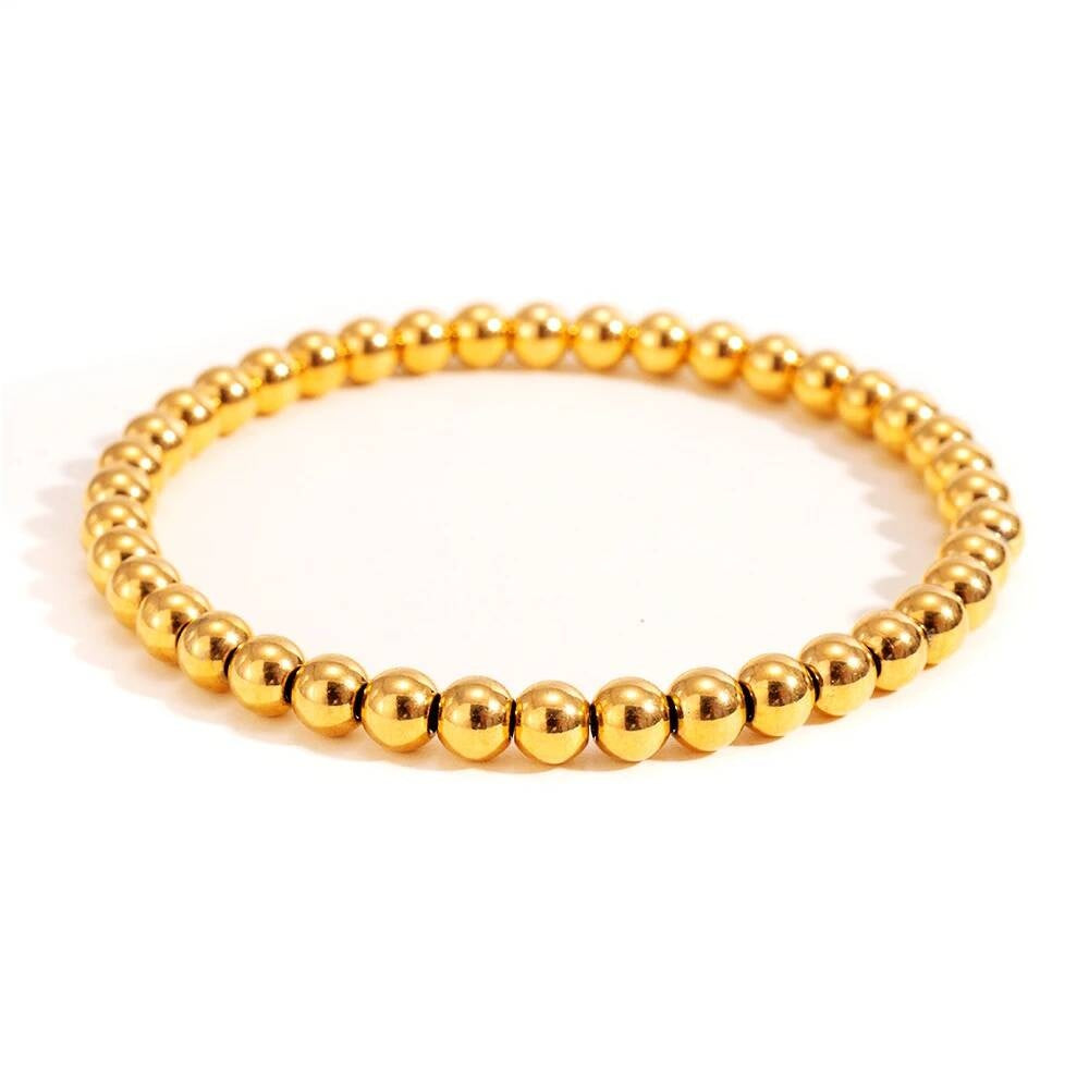 Gold Bead Bracelet – 316L Stainless Steel Polished Ball Beads Elastic Wristband, Minimalist Unisex Jewelry 6mm(5cb2c6) 22cm
