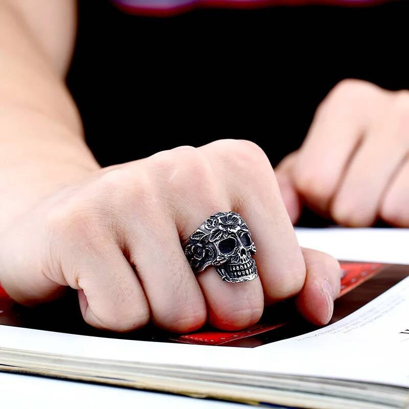 Floral Skull Ring – Gothic Stainless Steel Sugar Skull Biker Jewelry