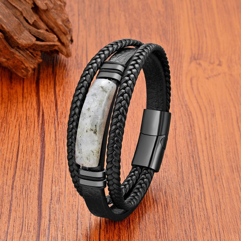 Black Braided Leather Bracelet with Green Jade Beads - Stylish Multi-Layer Magnetic Clasp Jewelry for Casual Wear and Gifts Style H