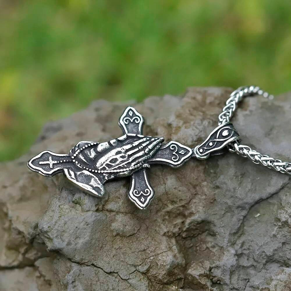 Praying Hands Cross Pendant – Stainless Steel Religious Necklace
