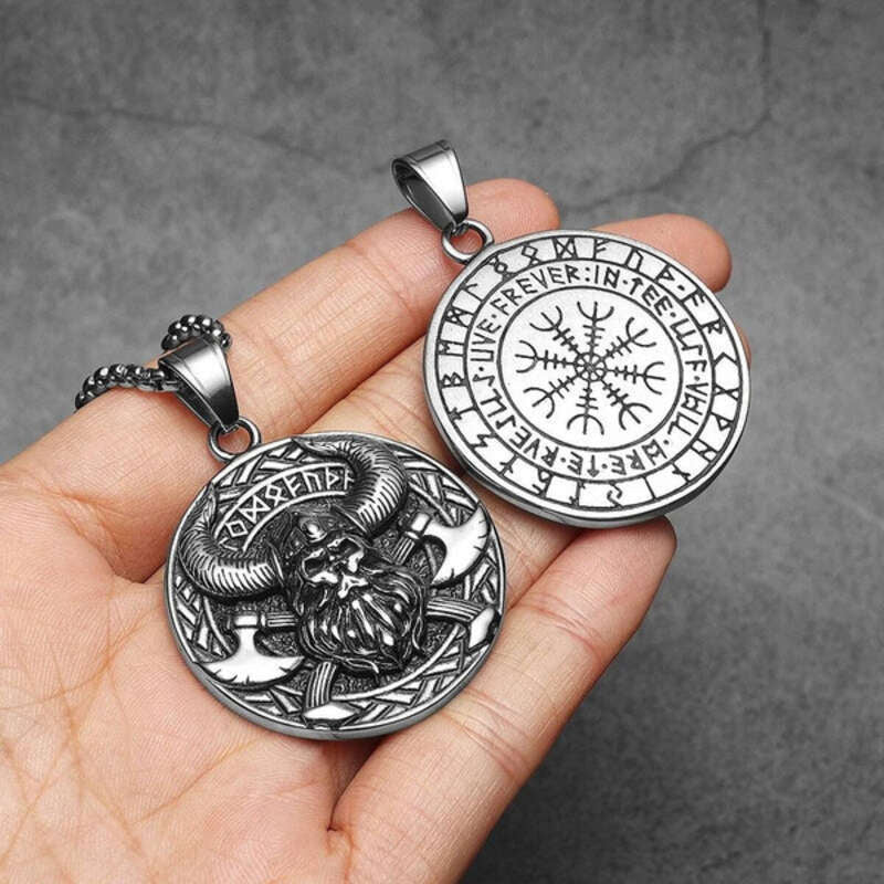 Viking Warrior Pendant Necklace – 316L Stainless Steel Double-Sided Norse Amulet with Vegvisir