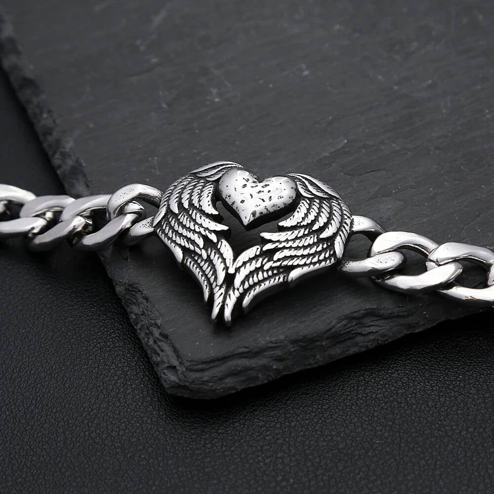 Angel Wing Heart Bracelet – 316L Stainless Steel Chain Link Bracelet with Gothic Winged Heart Pendant for Men & Women