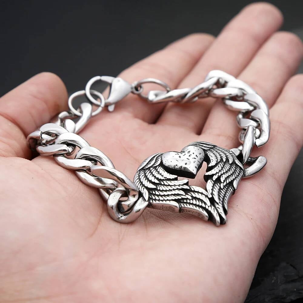Angel Wing Heart Bracelet – 316L Stainless Steel Chain Link Bracelet with Gothic Winged Heart Pendant for Men & Women