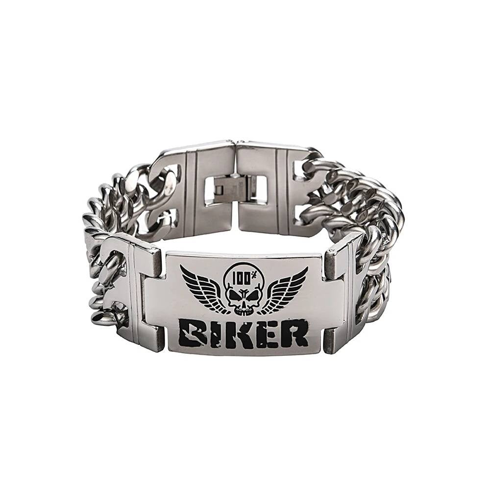 Biker Skull Bracelet for Men Gothic Punk Rock Heavy Metal Chain Jewelry 316L Stainless Steel with Leather Strap Style A 23cm