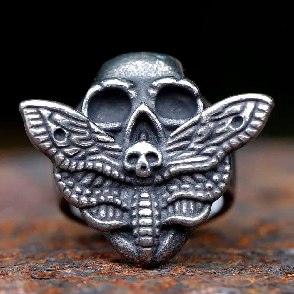 Moth & Skull Stainless Steel Ring - Retro Punk Hip Hop Gothic Men's Jewelry Gift