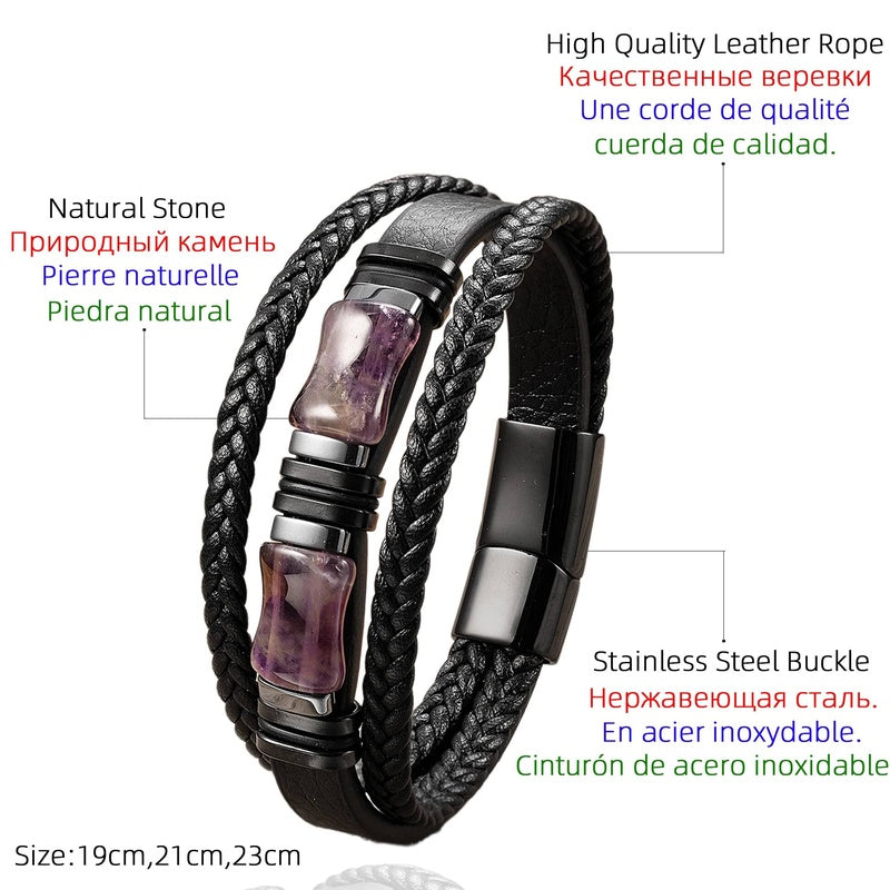 Black Braided Leather Bracelet with Green Jade Beads - Stylish Multi-Layer Magnetic Clasp Jewelry for Casual Wear and Gifts