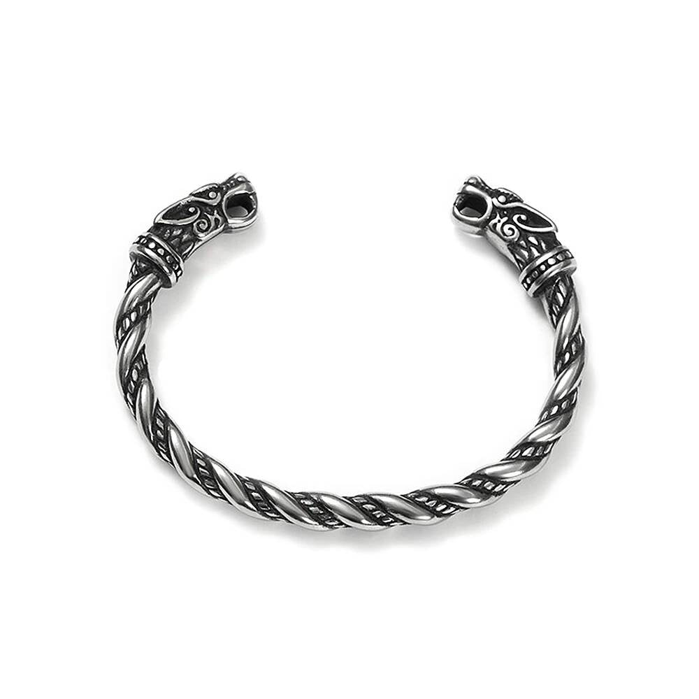 Viking Wolf Head Twisted Bangle – Stainless Steel Norse Armring Style A
