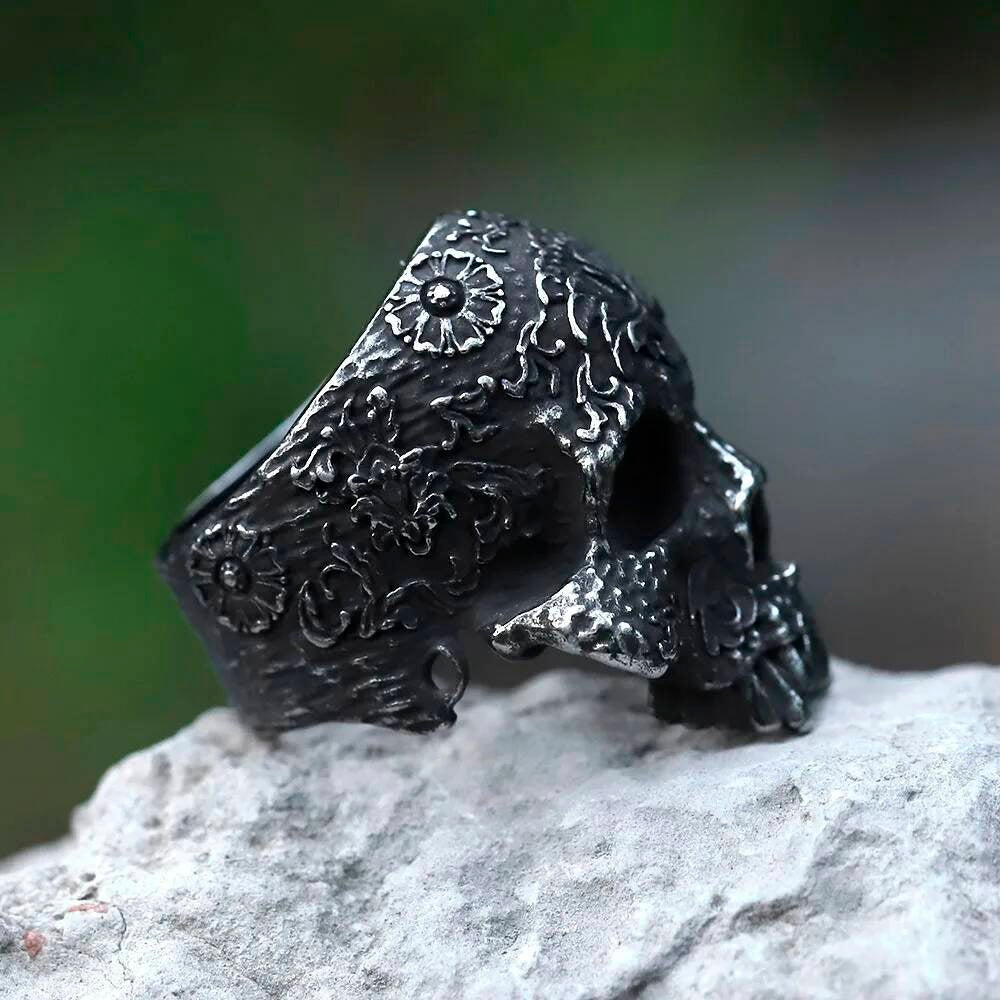 Flower Skull Horned Devil Ring - Gothic Stainless Steel Teen Jewelry