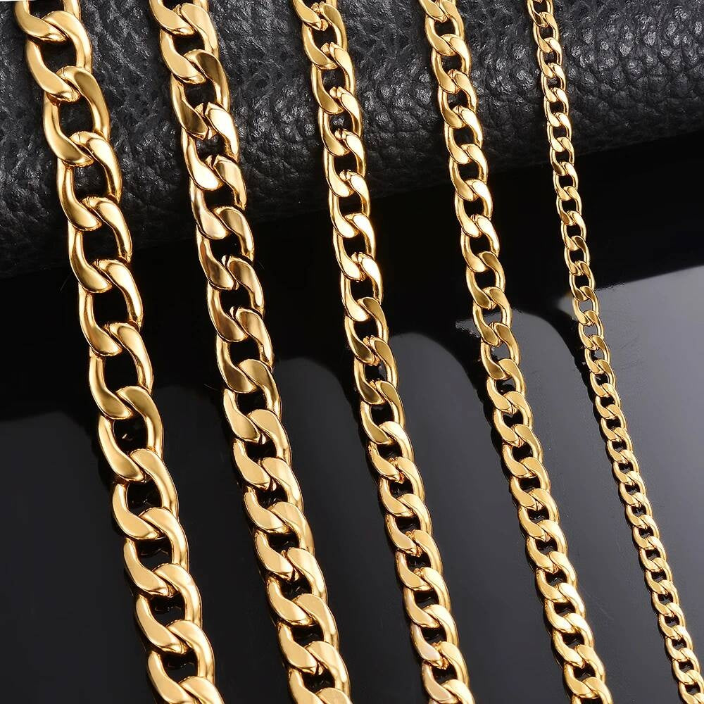 1 piece Length 21cm-100cm Gold Color Flat Necklace 3mm-9.5mm Stainless Steel Curb Link Chain for Men Women