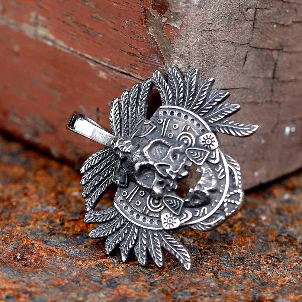 Skull with Feathered Headdress Pendant Necklace, Silver Gothic Jewelry with Tribal Design