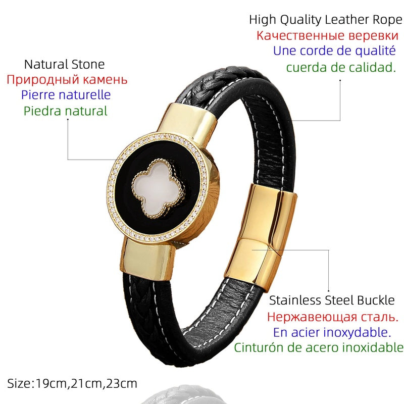 Black Braided Leather Bracelet with Green Jade Beads - Stylish Multi-Layer Magnetic Clasp Jewelry for Casual Wear and Gifts