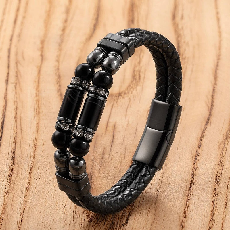 Black Braided Leather Bracelet with Green Jade Beads - Stylish Multi-Layer Magnetic Clasp Jewelry for Casual Wear and Gifts Agate-F