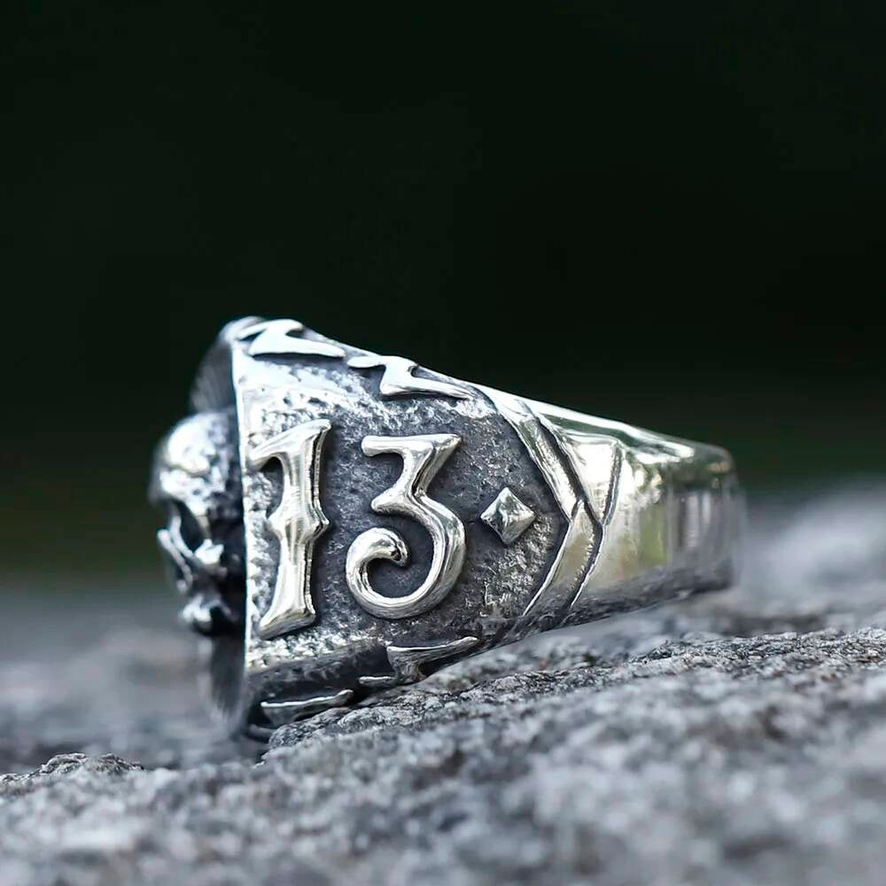 Lucky 13 Skull Ring – Vintage Gothic Stainless Steel Biker Jewelry