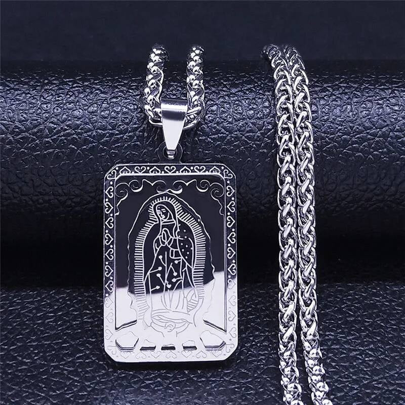 316L Stainless Steel Virgin Mary Medal Protect Necklace Pendant For Men Religion Rosary Jewelry Accessories Silver