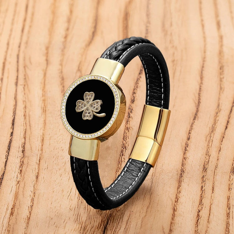 Black Braided Leather Bracelet with Green Jade Beads - Stylish Multi-Layer Magnetic Clasp Jewelry for Casual Wear and Gifts Gold-D