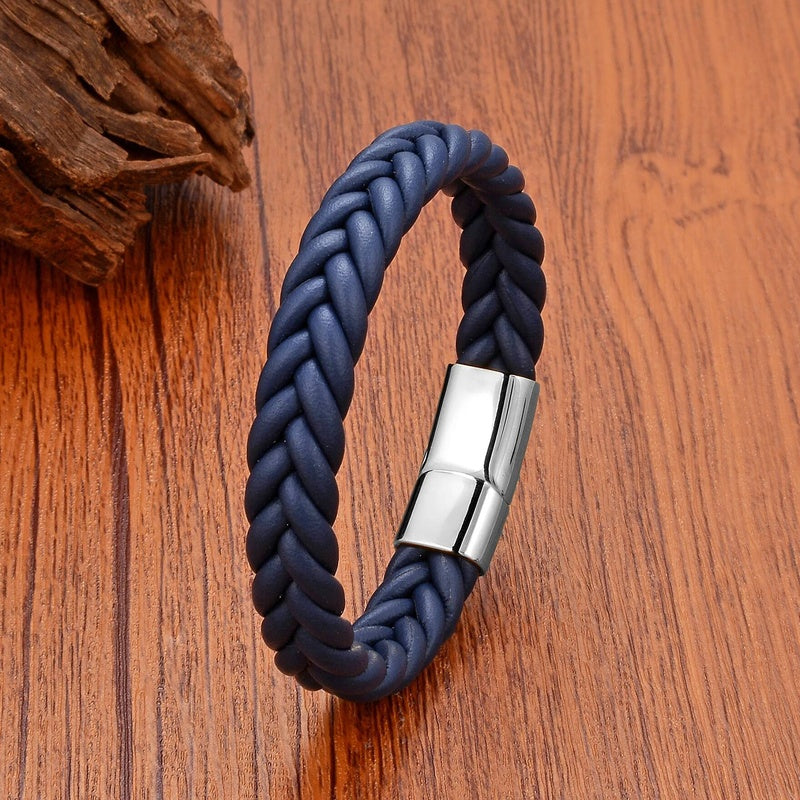 Black Braided Leather Bracelet with Green Jade Beads - Stylish Multi-Layer Magnetic Clasp Jewelry for Casual Wear and Gifts Blue Leather-White