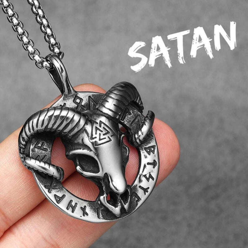 Viking Ram Skull Pendant Necklace – 316L Stainless Steel Norse Valknut Amulet with Runes N1492-60cm chain