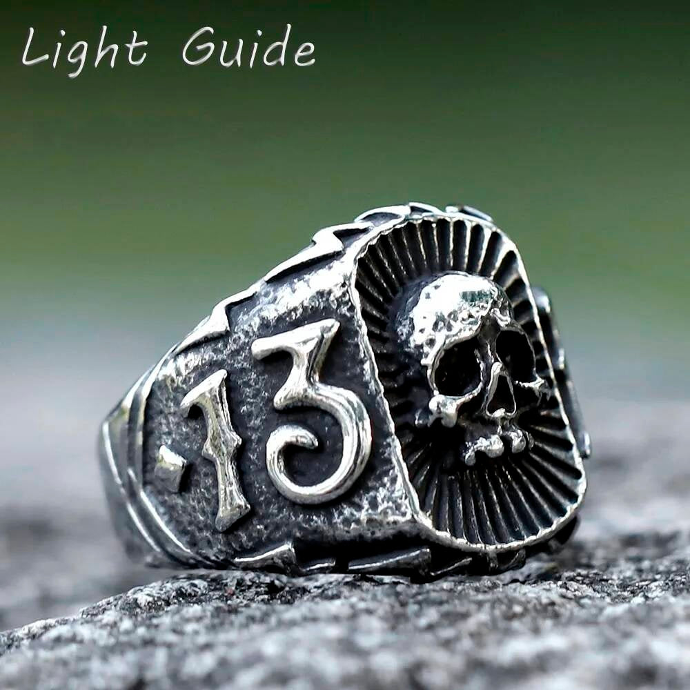 Lucky 13 Skull Ring – Vintage Gothic Stainless Steel Biker Jewelry As Shown