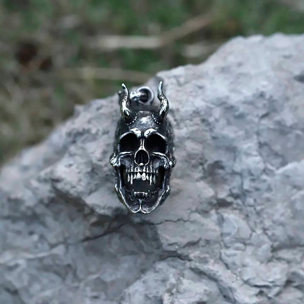 Demon Skull Pendant – Silver Gothic Skull with Horns Necklace