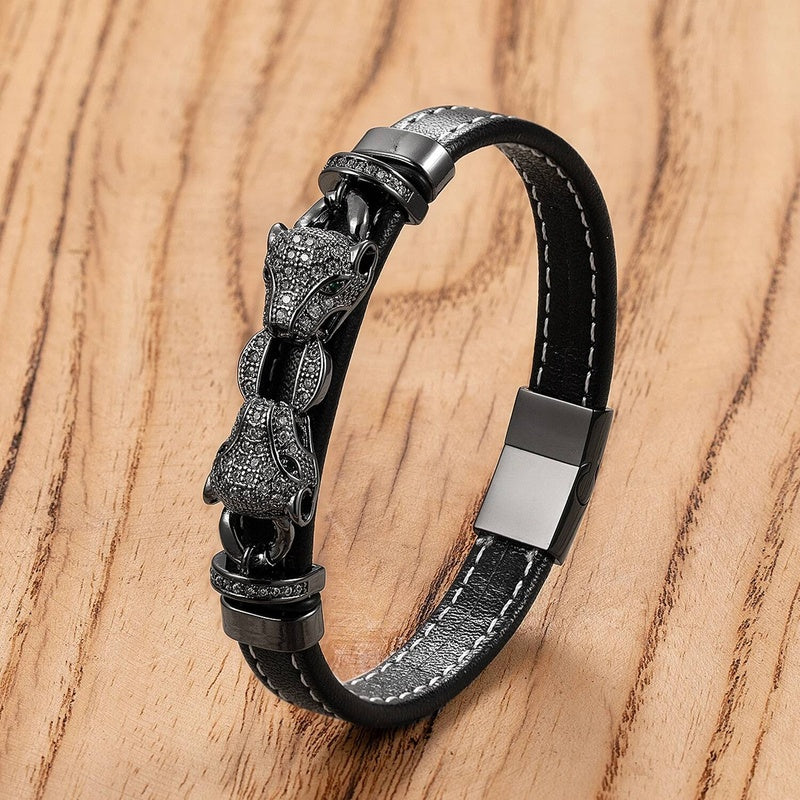 Style Classic Animal Leopard Head Hand Leather Braided Stainless Steel Bracelet For Man Woman Daily Wear Jewelry Gift Black-B