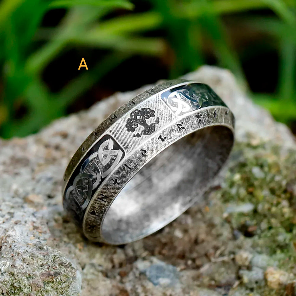 Rune-Enscribed Tree of Life Ring – 316L Stainless Steel Viking Amulet