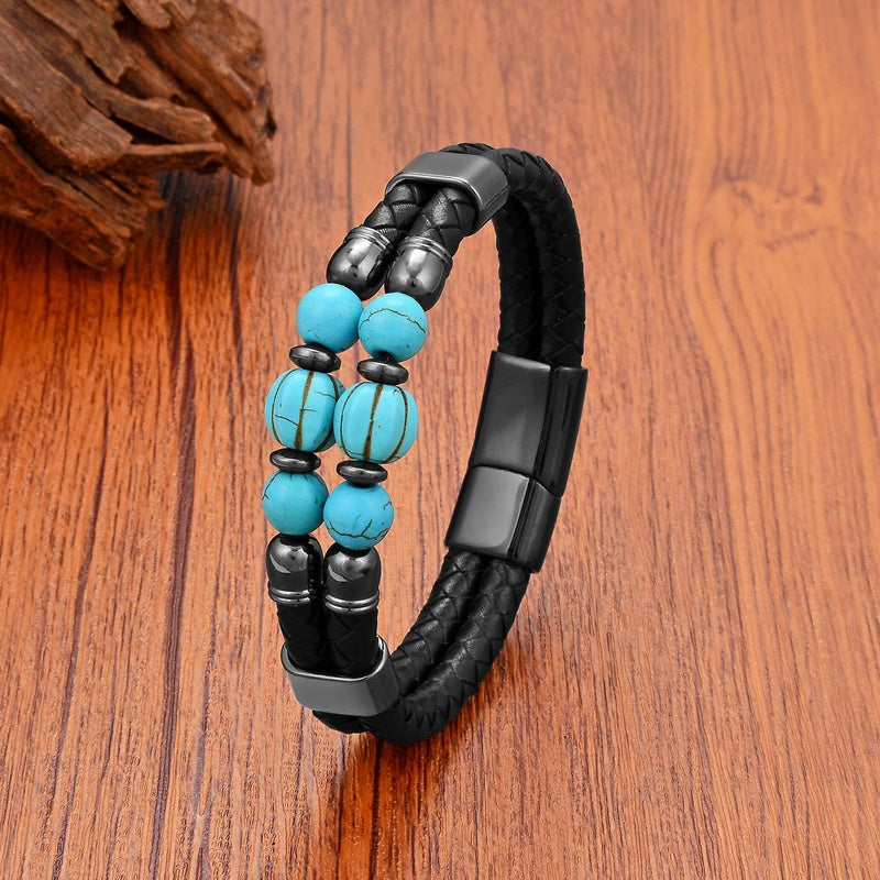 Black Braided Leather Bracelet with Green Jade Beads - Stylish Multi-Layer Magnetic Clasp Jewelry for Casual Wear and Gifts Turquoise A