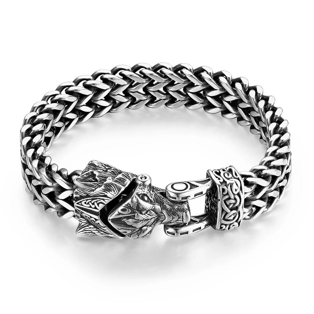 Viking Wolf Head Chain Bracelet – Norse Stainless Steel Armring Style B