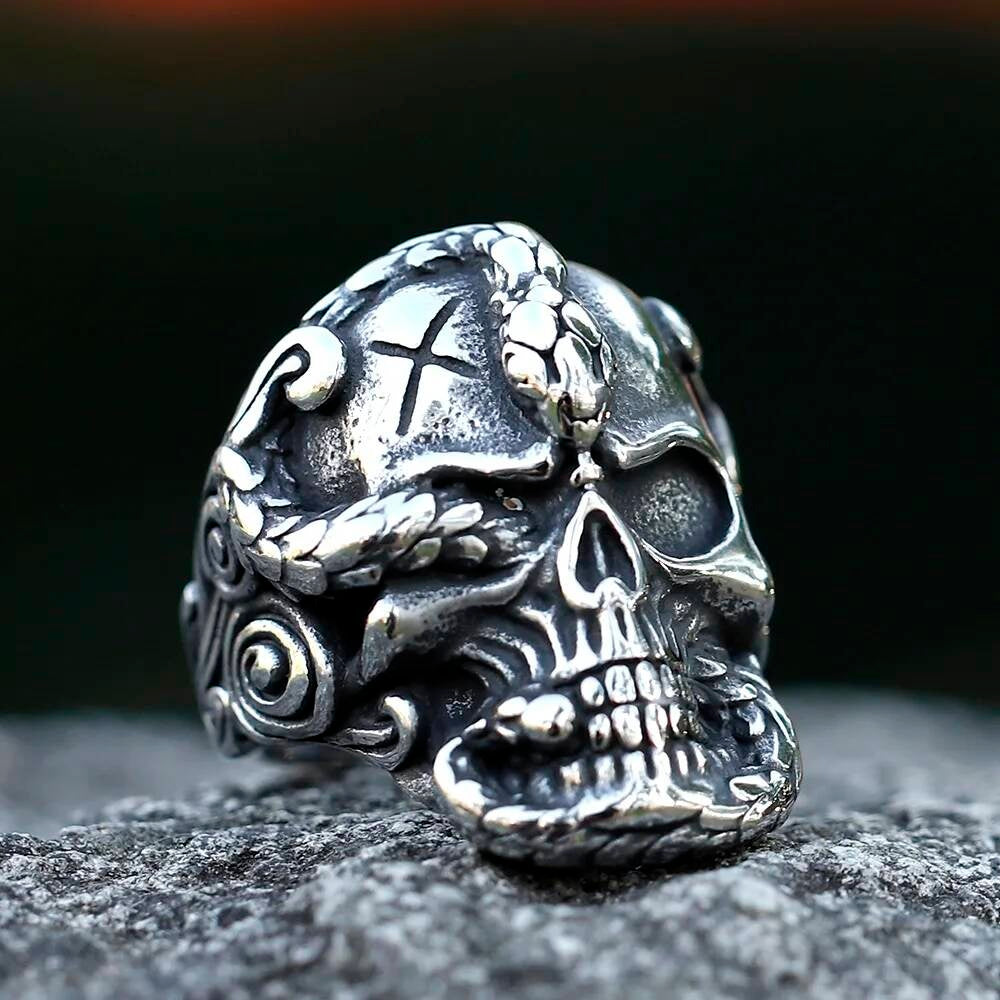 Caarium Skull & Snake Ring - Gothic Stainless Steel Biker Jewelry Gift