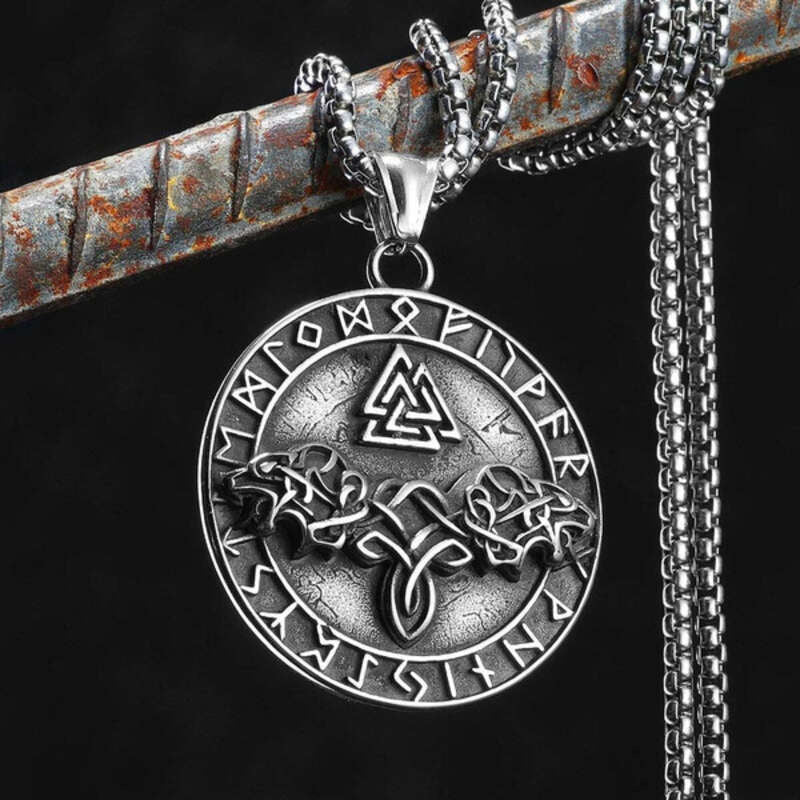 316L Stainless Steel Valknut Wolf Rune Pendant – Norse Viking Amulet Necklace