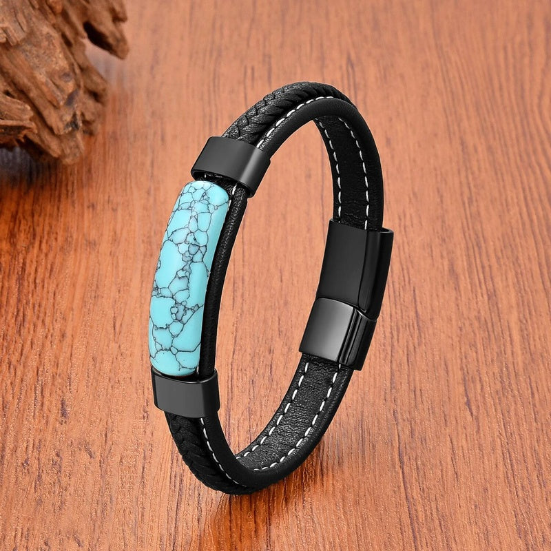 Fashion Geometric Shape Onyx Stone Bracelets Ladies Black Multilayer Leather Rope Men Bracelet Stainless Steel Jewelry Wholesale Black-F