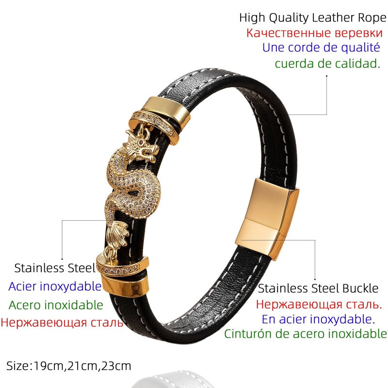 Stainless Steel Chinese dragon Shape Leather Bracelets Men Jewelry National Style Charm Homme Male Jewels Gift