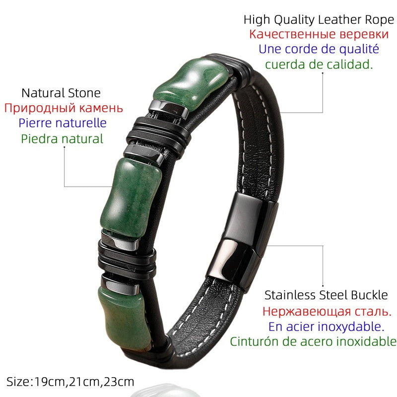 Black Braided Leather Bracelet with Green Jade Beads - Stylish Multi-Layer Magnetic Clasp Jewelry for Casual Wear and Gifts