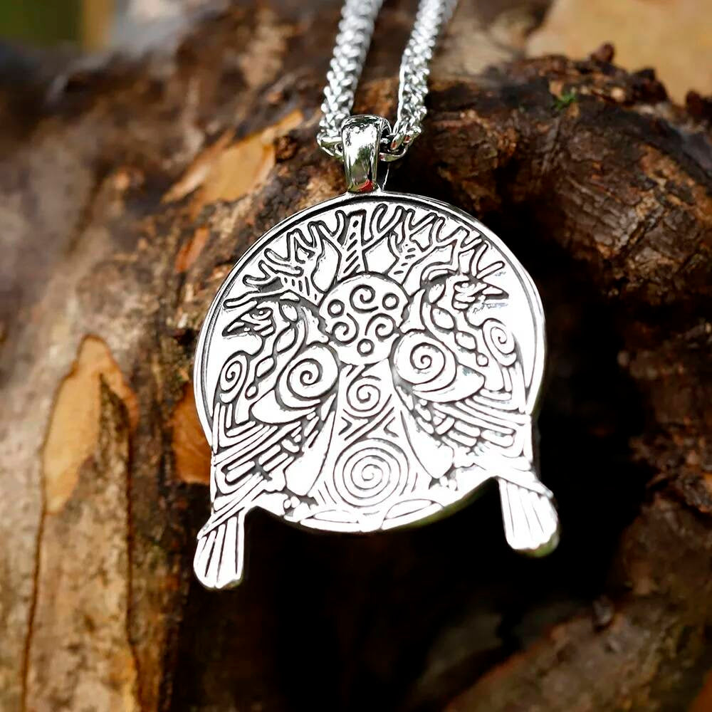 Tree of Life and Ravens Pendant Necklace, Silver Celtic Jewelry with Nature and Mythological Symbolism