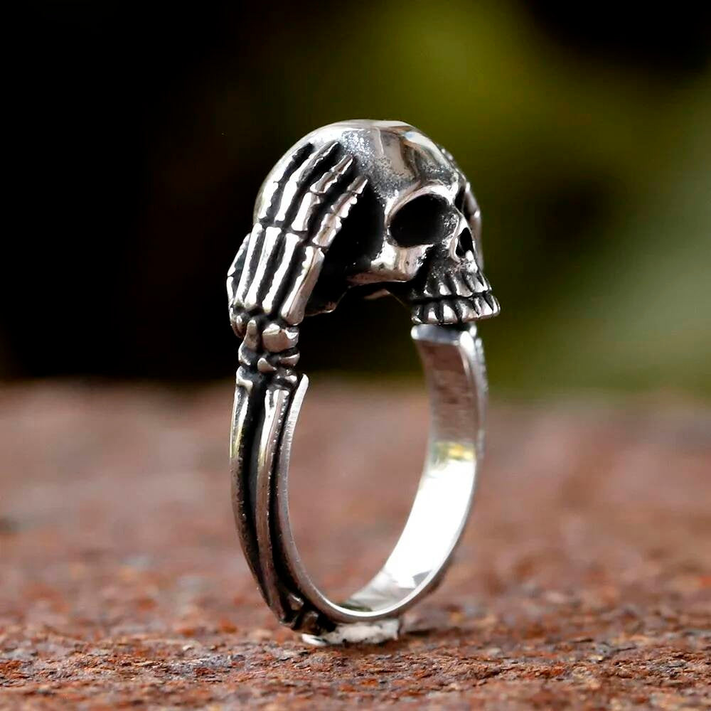 Vintage Hinged Skull Cuff Ring - Gothic Hip Hop Fashion Jewelry for Women