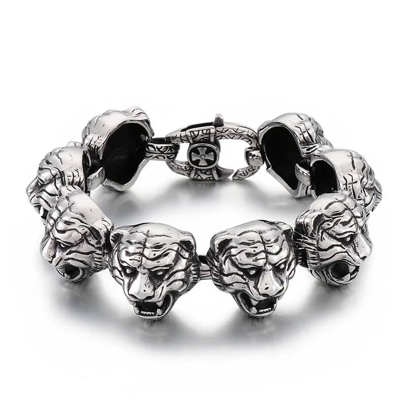 Tiger Charm Bracelet Men Stainless Steel 316L Animal Bone Bangle Steel Color 22cm