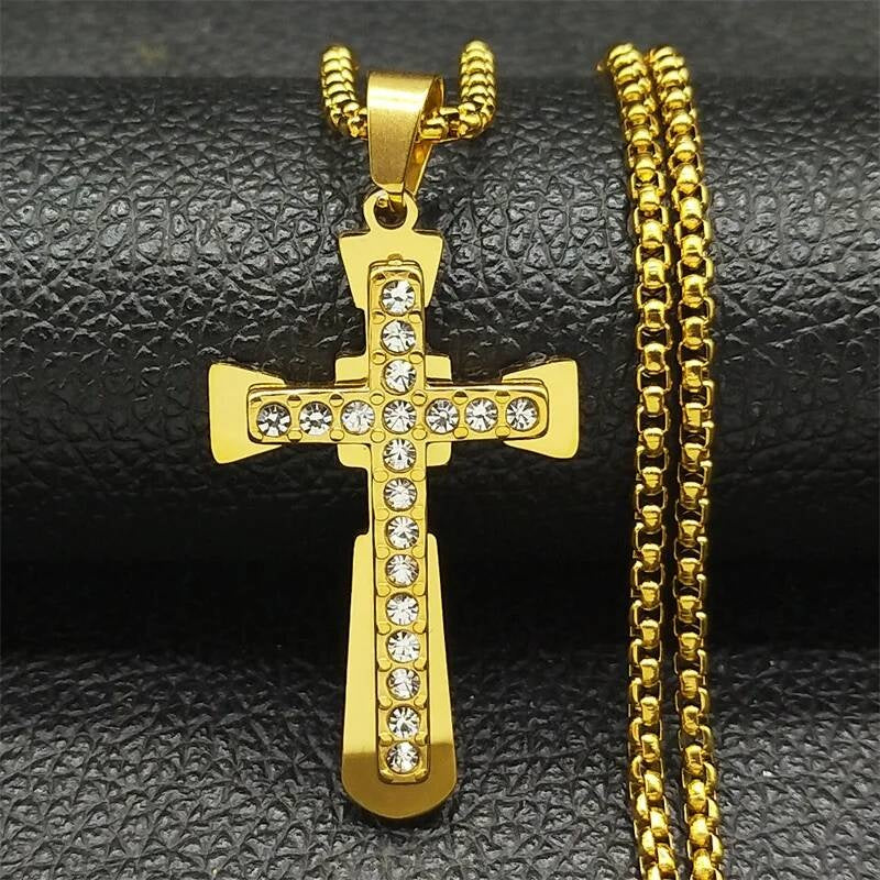 316L Stainless Steel Zircon Cross Chain Necklace Pendant For Men Women Religious Jewelry Accessory Gift Light Yellow Gold Color 60cm