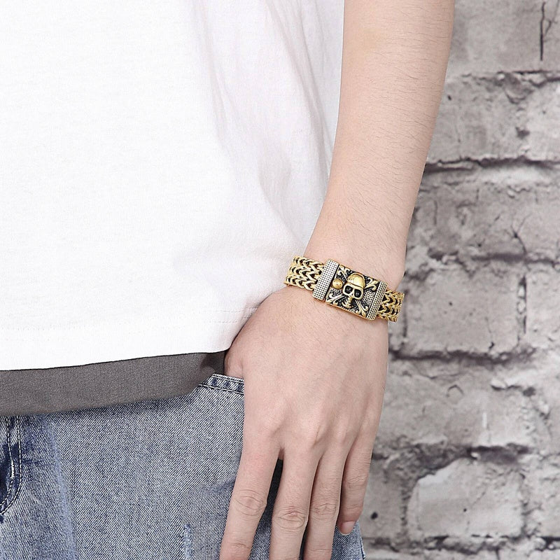 17mm Heavy Mesh Chain Bracelet Men With Devil Ghost Skull Charm Vintage Jewelry Surprise Gift For Husband