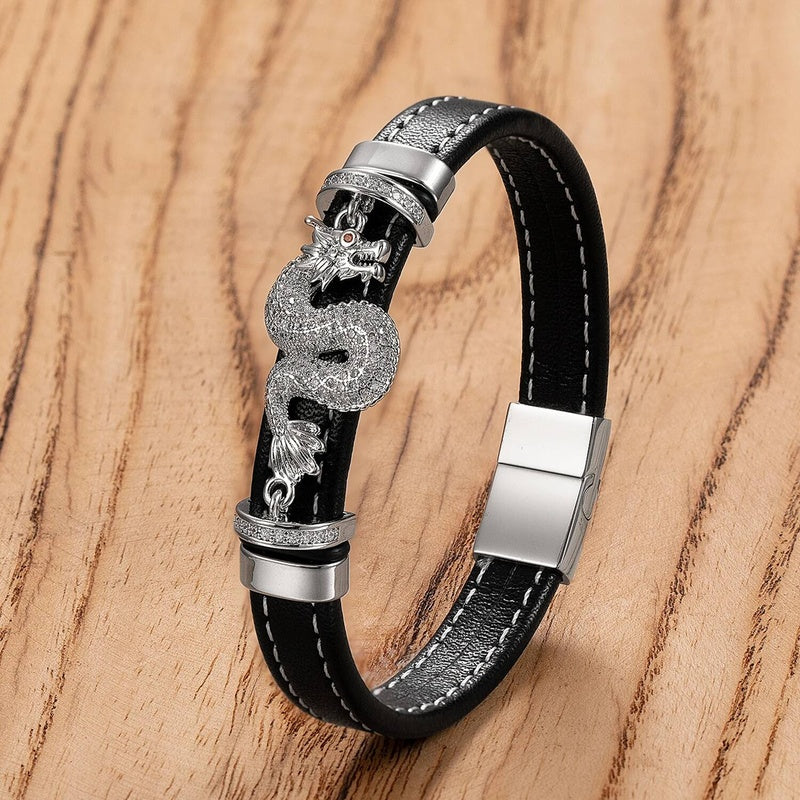 Stainless Steel Chinese dragon Shape Leather Bracelets Men Jewelry National Style Charm Homme Male Jewels Gift White
