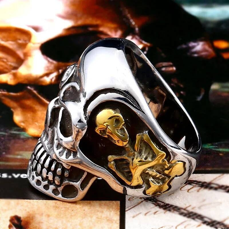 Skull Ring with Gold Skeleton Detail – Stainless Steel Gothic Jewelry