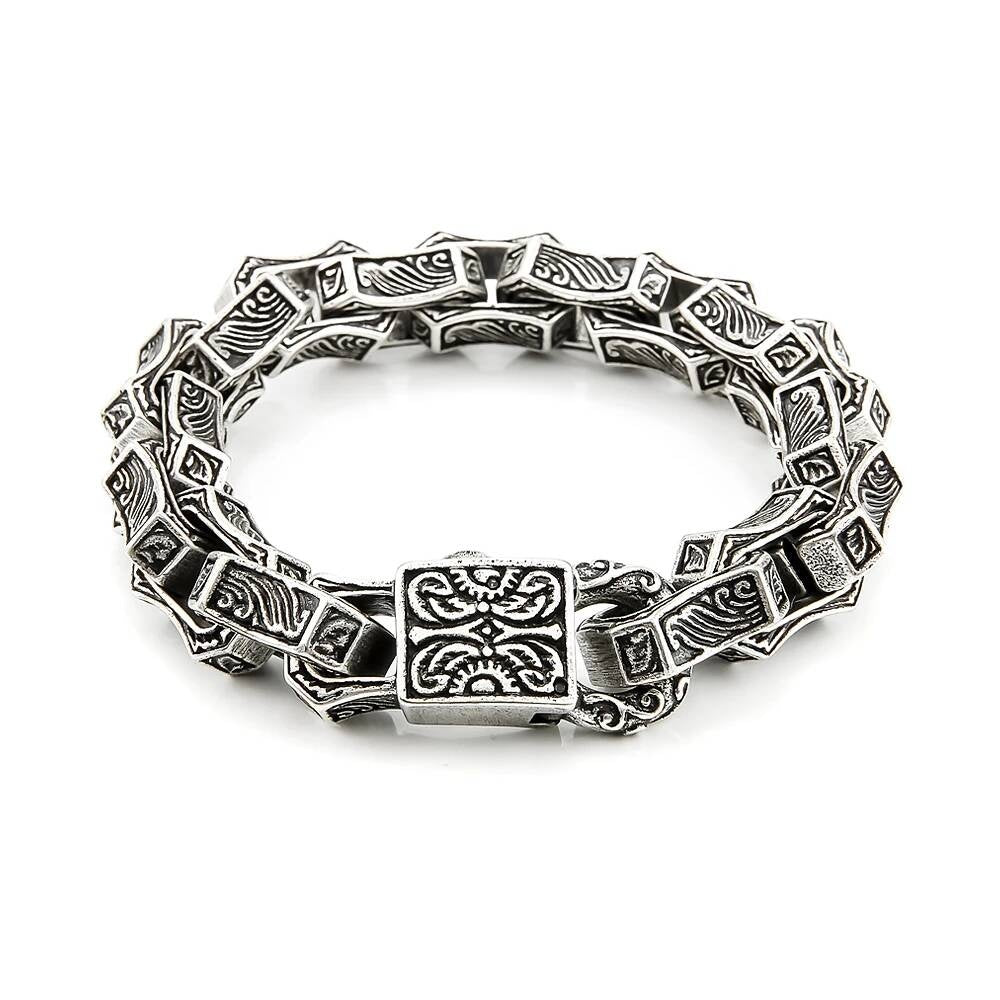 Men’s Gothic Chain Bracelet – 316L Stainless Steel Vintage Carved Link Wristband, Heavy Duty Punk Biker Jewelry Style A