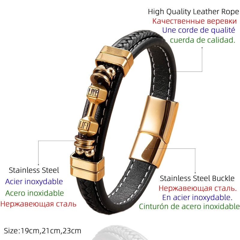 Weave Leather Dumbbell Shape Special Popular Pattern Men's Bracelet for Men Stainless Steel Jewelry Accessories Party Gift